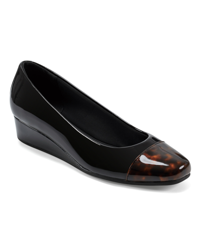 Shop Easy Spirit Women's Gracey Round Toe Slip-on Wedge Dress Pumps Women's Shoes In Black Patent Leather/brown Tortoise Pat