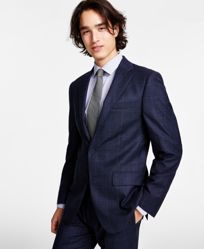 Shop Calvin Klein Men's Slim-fit Wool-blend Stretch Suit Jacket In Blue Windowpane