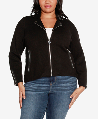 Belldini Black Label Plus Size Motorcycle Sweater Jacket In Black