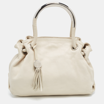 Pre-owned Furla Off White Leather Metal Handle Bag