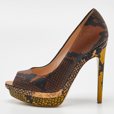 Pre-owned Fendi Multicolor Python Embossed Leather Peep Toe Platform Pumps Size 35