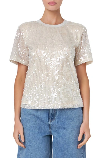 Shop Grey Lab Sequin Padded Shoulder Back Cutout Top In Nude Pink