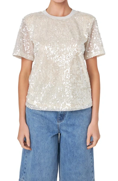 Shop Grey Lab Sequin Padded Shoulder Back Cutout Top In Nude Pink