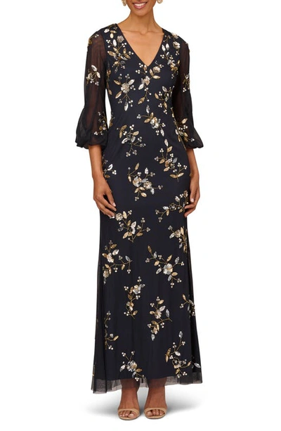 Shop Aidan Mattox By Adrianna Papell Beaded Floral V-neck Gown In Twilight