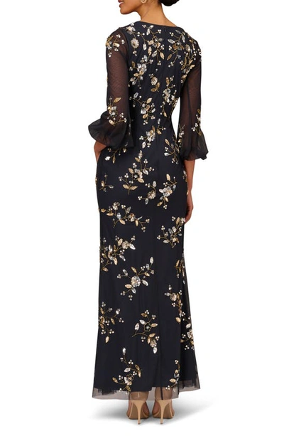 Shop Aidan Mattox By Adrianna Papell Beaded Floral V-neck Gown In Twilight