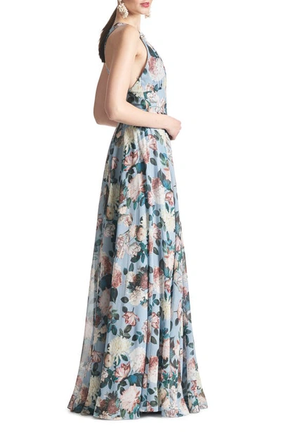 Shop Sachin & Babi Kenzia Floral Chiffon Gown In Ice Blue Garden