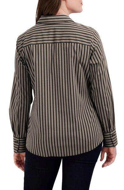 Shop Foxcroft Mary Stripe Stretch Button-up Shirt In Almond/ Black