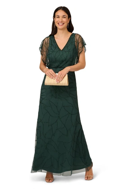 Shop Adrianna Papell Beaded Mesh Blouson Gown In Dusty Emerald