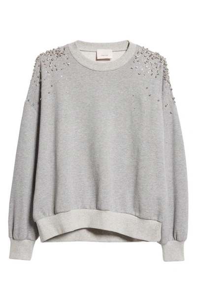 Shop Cinq À Sept Brandy Crackle Rhinestone Detail Cotton Sweatshirt In Heather Grey