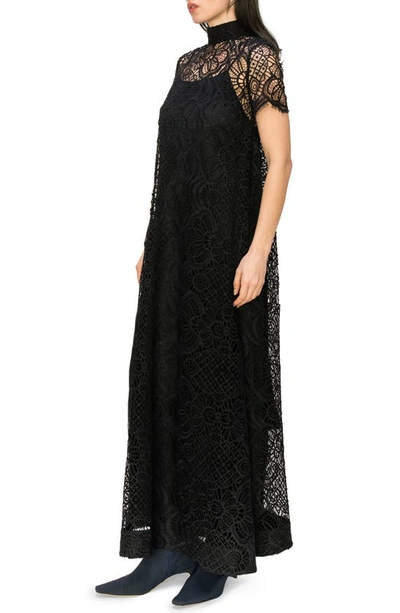 Shop Melloday Mock Neck Lace Overlay Maxi Dress In Black