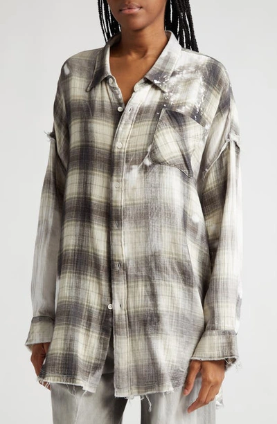 Shop R13 Shredded Seam Drop Neck Oversize Bleached Plaid Cotton Gauze Shirt In Bleached Ecru/brown Plaid