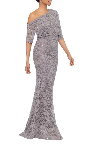 Shop Betsy & Adam One-shoulder Sequin Lace Gown In Taupe