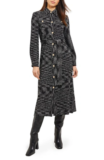 Misook Long Sleeve Tie Belt Tweed Shirtdress In Blk/ Nivory