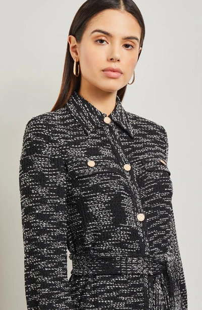 Misook Long Sleeve Tie Belt Tweed Shirtdress In Blk/ Nivory