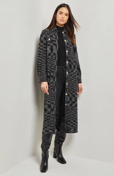 Misook Long Sleeve Tie Belt Tweed Shirtdress In Blk/ Nivory