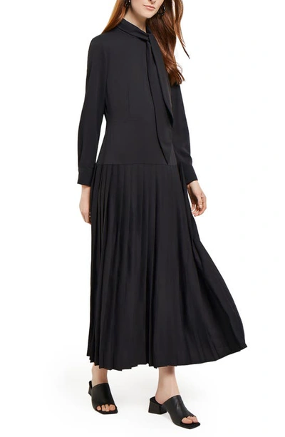 Shop Misook Tie Neck Long Sleeve Pleated Maxi Dress In Black