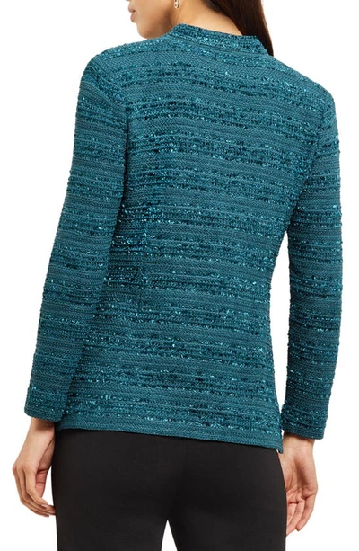 Misook Tweed Funnel Collar Knit Jacket In Marine Teal