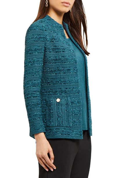 Misook Tweed Funnel Collar Knit Jacket In Marine Teal