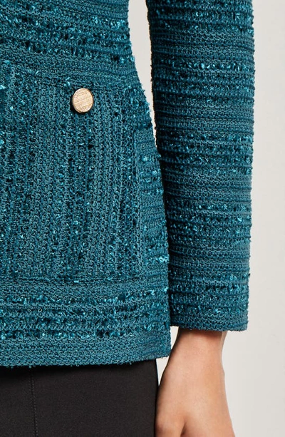 Misook Tweed Funnel Collar Knit Jacket In Marine Teal