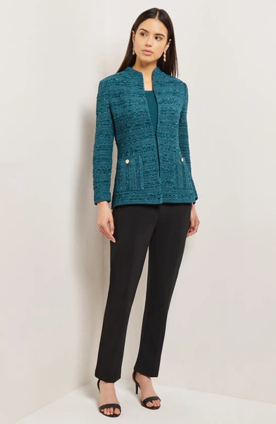 Misook Tweed Funnel Collar Knit Jacket In Marine Teal