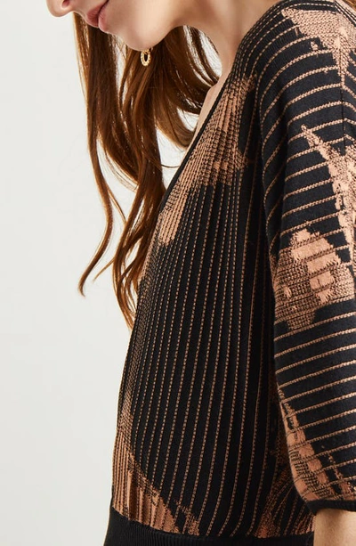 Shop Misook Batwing Sleeve Jacquard Midi Sweater Dress In Goldenwd/ Blk