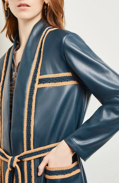 Shop Misook Belted Knit Trim Faux Leather Longline Jacket In Mteal/ Bk/ Gld