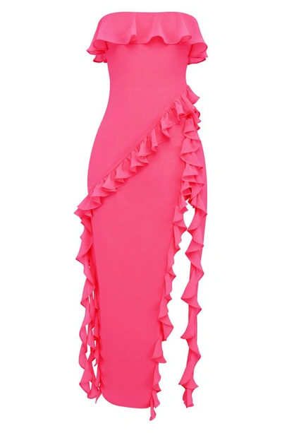 House Of Cb Sarina Ruffle Strapless Maxi Dress In Hot Pink