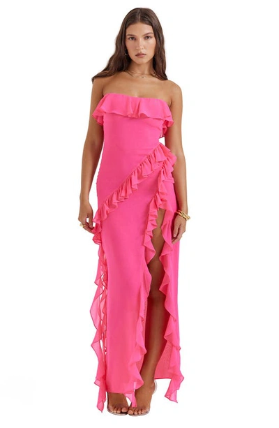 House Of Cb Sarina Ruffle Strapless Maxi Dress In Hot Pink