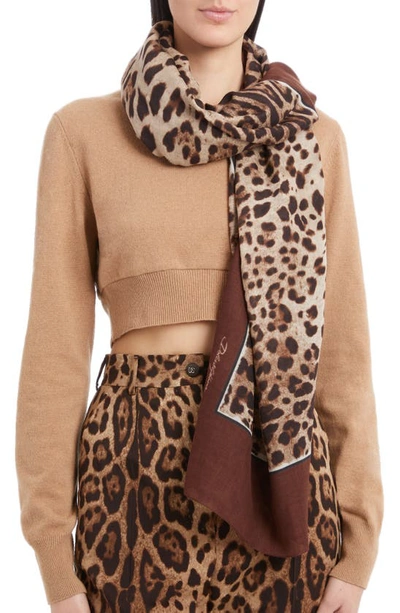 Dolce & Gabbana Leopard Print Signature Border Scarf In Light Brown Print