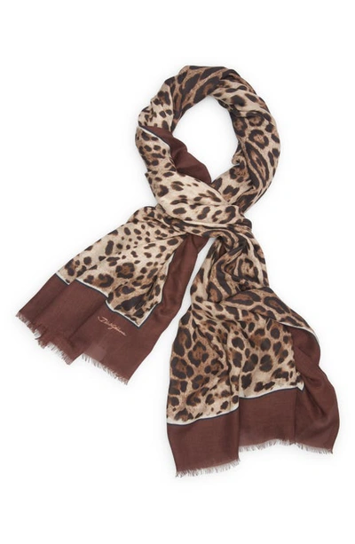 Dolce & Gabbana Leopard Print Signature Border Scarf In Light Brown Print