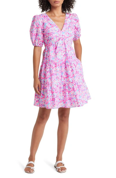 Shop Lilly Pulitzer Nalani Puff Sleeve Tiered Cotton Dress In Aura Pink Baby Bloomer