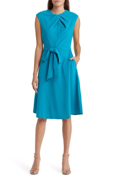 Shop Tahari Asl Crossover Neck Belted Dress In Peacock