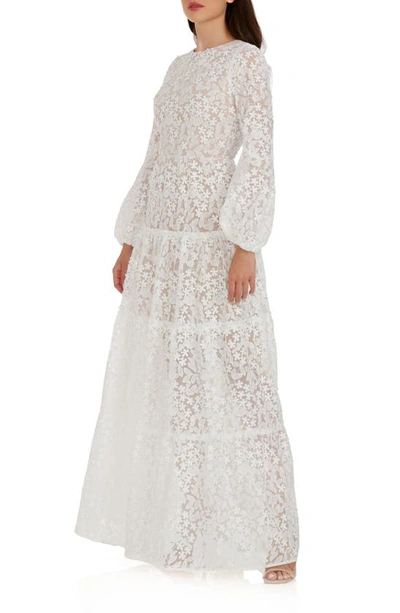 Dress The Population Lyra Semisheer Long Sleeve Gown In White