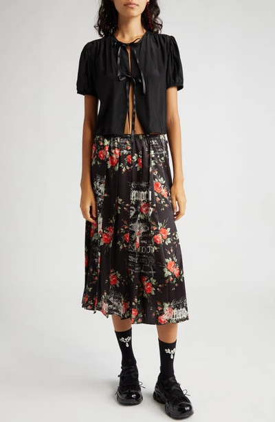 Shop Simone Rocha Logo Floral Print Pleated Skirt In Black Rose