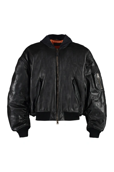 Shop Balenciaga Leather Bomber Jacket In Black