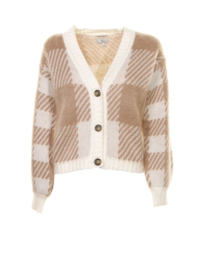 Shop Woolrich Cardigan With Check Pattern In Cream Buffalo
