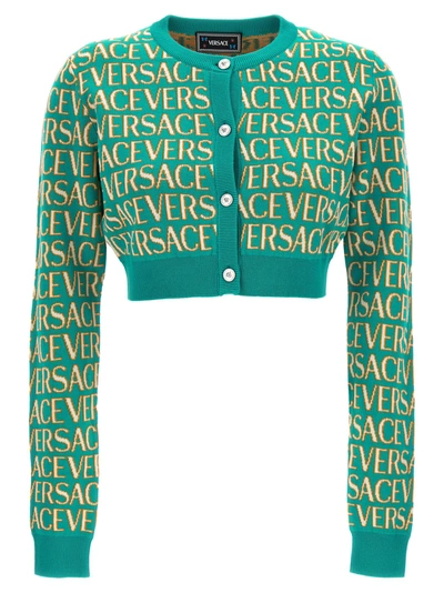 Shop Versace The Holiday All-over Logo Cardigan In Light Blue