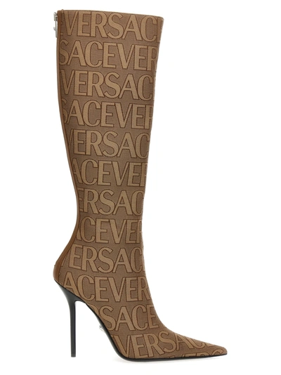 Shop Versace Allover Boots In Beige