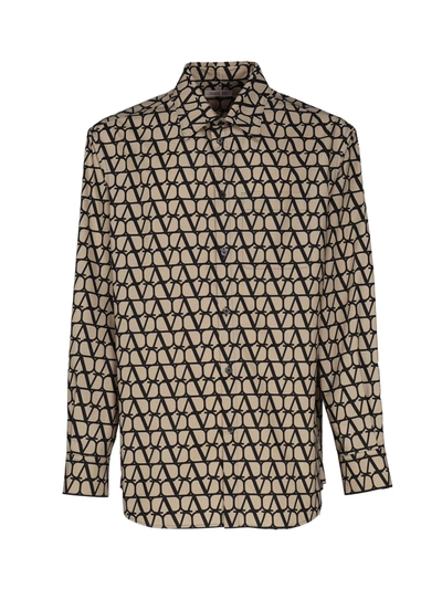 Shop Valentino Long-sleeved Shirt In Cotton With All-over Toile Iconographe Print In Myl St. Toile Iconograph Beige/nero