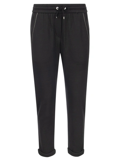 Shop Brunello Cucinelli Cotton-silk Fleece Trousers With Shiny Pocket In Nero/feather