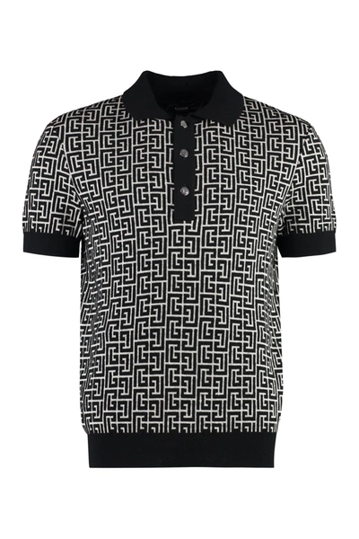 Shop Balmain Jacquard Knit Polo Shirt In Black