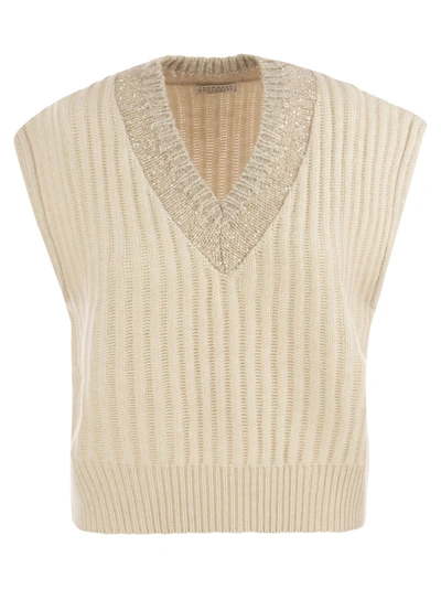 Brunello Cucinelli Ribbed Cashmere Waistcoat With Dazzling Neckline In Sand
