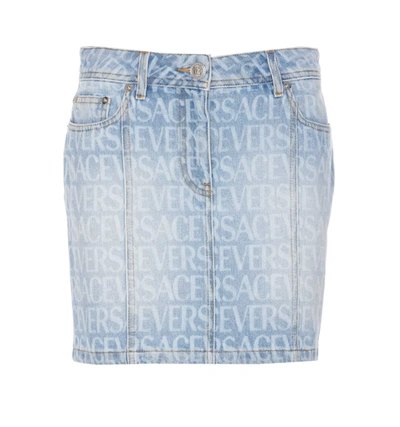 Shop Versace Allover Denim Mini Skirt In Blue