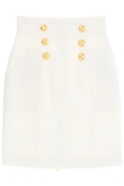 Shop Balmain Pencil Skirt In Monochrome Tweed In Blanc (white)