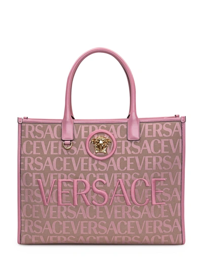Shop Versace Large Tote Bag With Logo In Beige/pink/gold