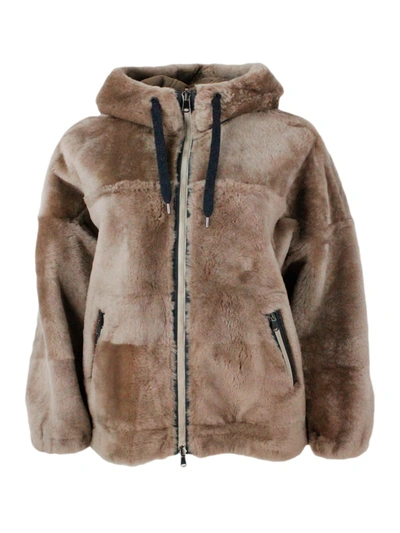 Shop Brunello Cucinelli Reversible Soft Shearling Jacket With Hood And Zip Closure Embellished With Rows  In Taupe