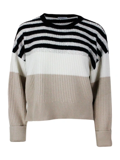 Shop Brunello Cucinelli Long-sleeved Crewneck Sweater In Fine Wool, Cashmere And Silk With Striped Patter In Grey
