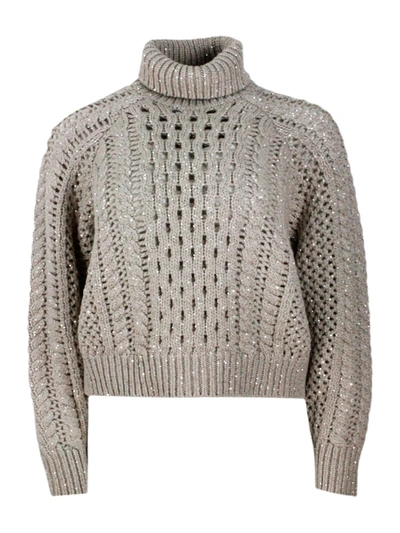 Shop Brunello Cucinelli Special Knit Turtleneck Sweater With Long Sleeves In Fine Cashmere Embellished Wi In Nut