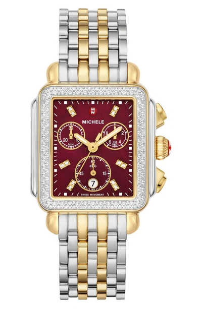 Shop Michele Deco Diamond Two-tone 18k Gold Plate Bracelet Watch, 33mm X 35mm In Two-tone / Ruby Red