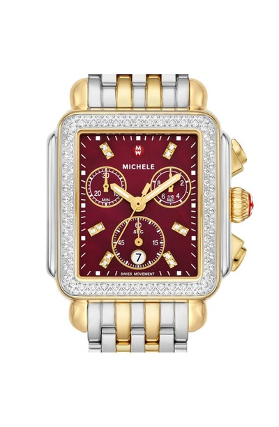 Shop Michele Deco Diamond Two-tone 18k Gold Plate Bracelet Watch, 33mm X 35mm In Two-tone / Ruby Red